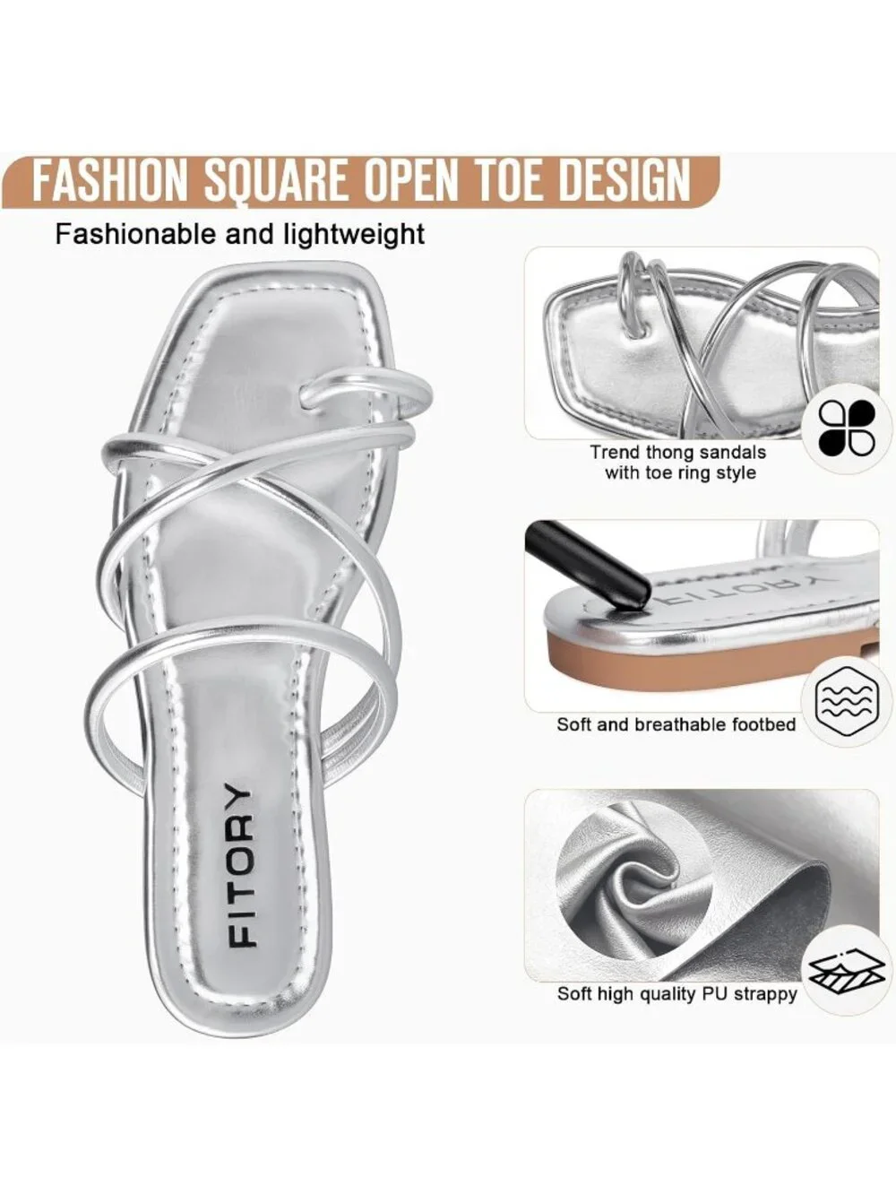 Women's Silver Summer Flat Toe Ring Thong Open Toe Cross Strap Fashion Shoes
